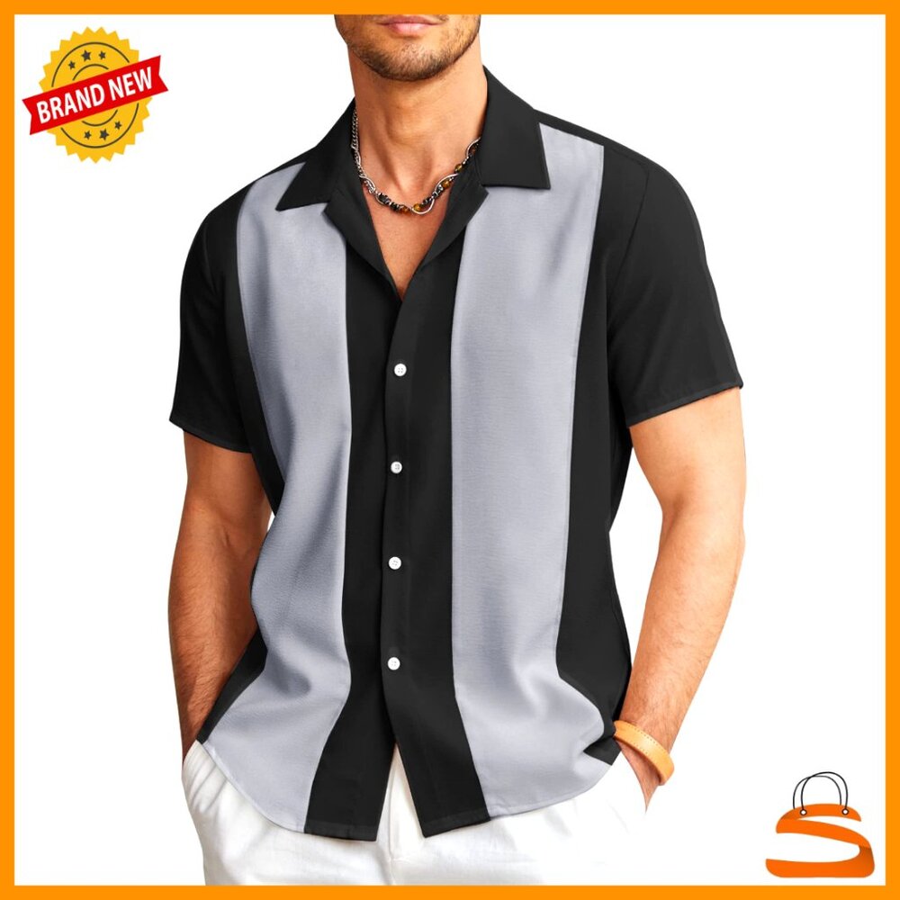 Vintage Bowling Shirt Retro Short Sleeve Button Down Summer Beach Casual